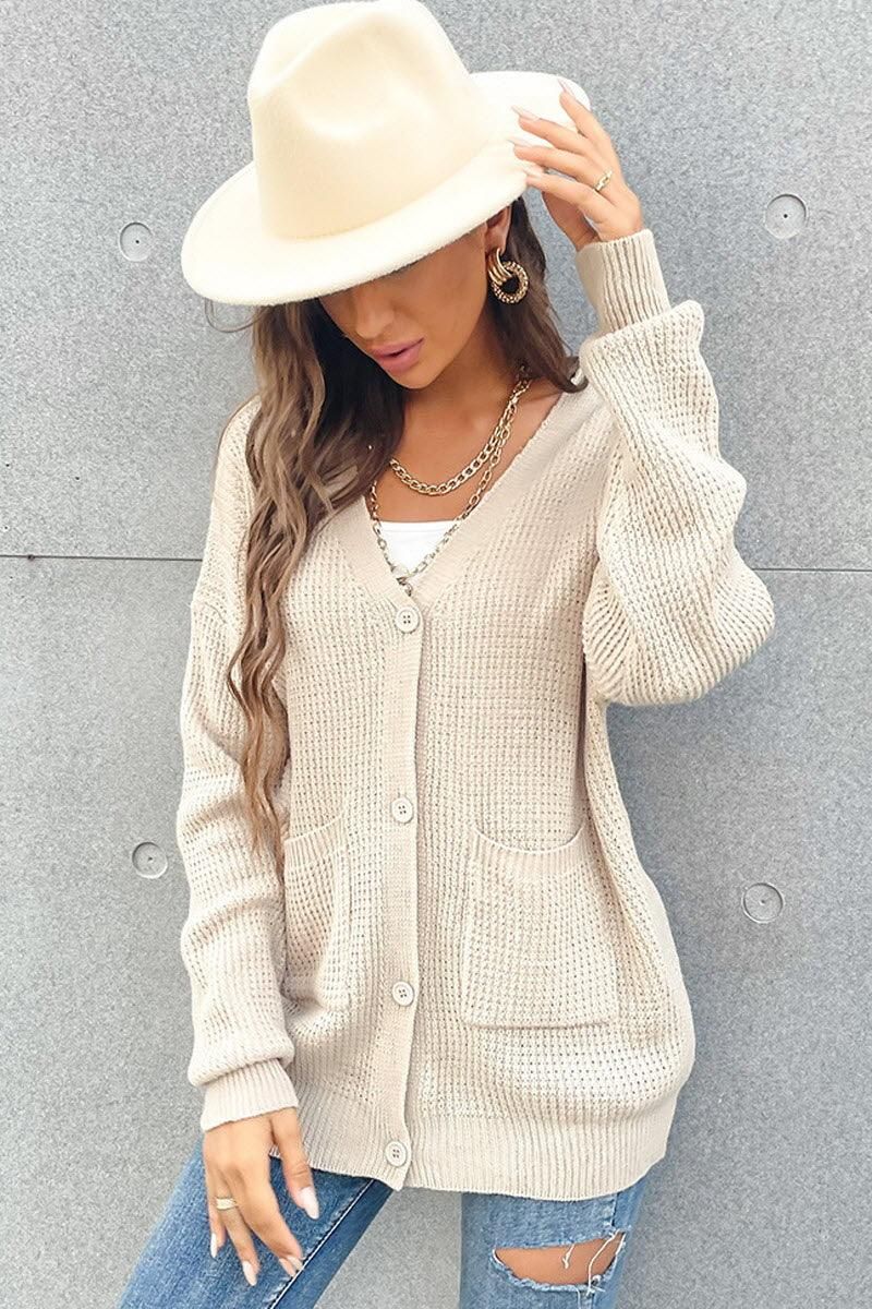CHUNKY CABLE KNIT LOOSE LONG BUTTON DOWN CARDIGAN - Doublju