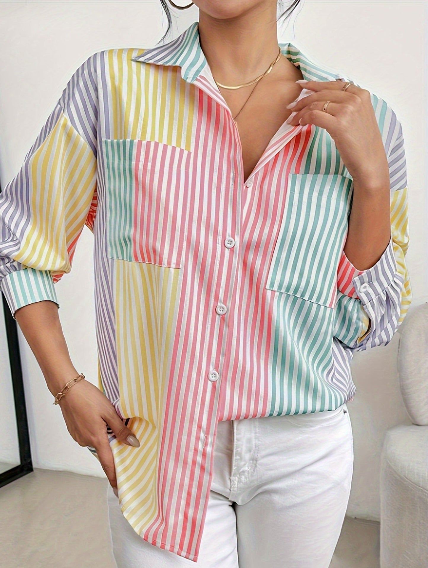 V-neck button-down striped cardigan