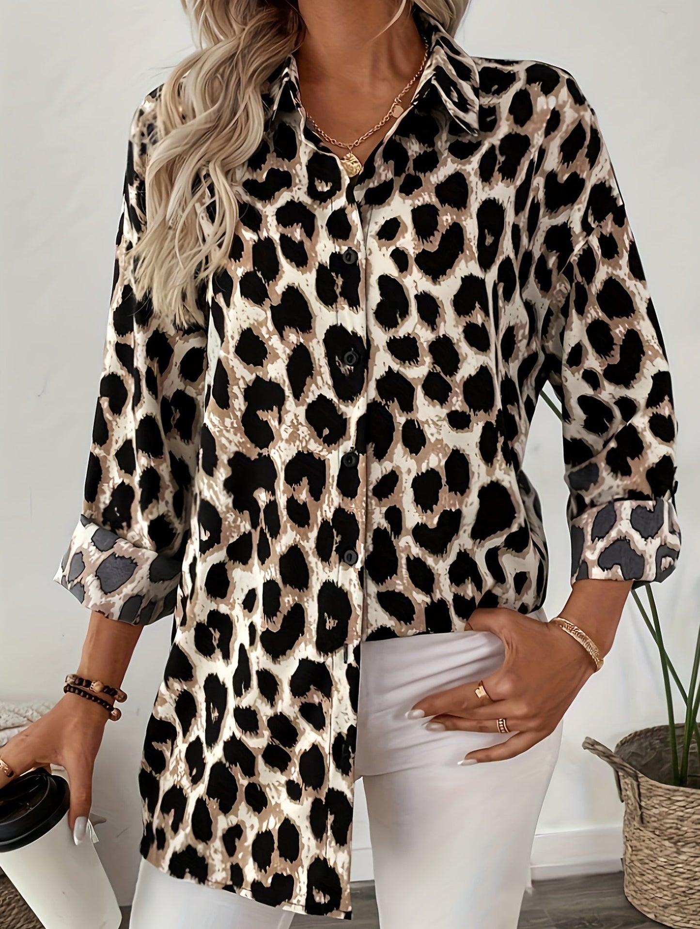 Casual leopard print long-sleeved shirt