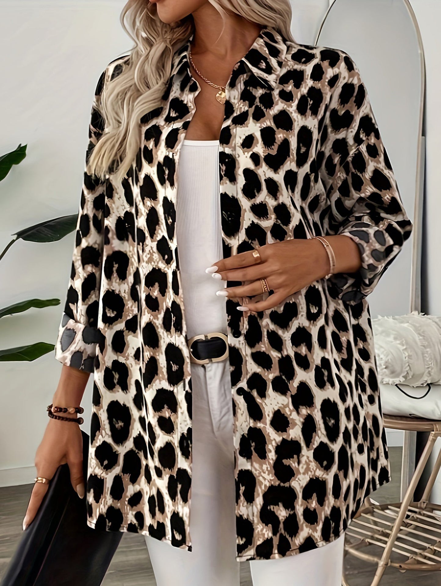 Casual leopard print long-sleeved shirt