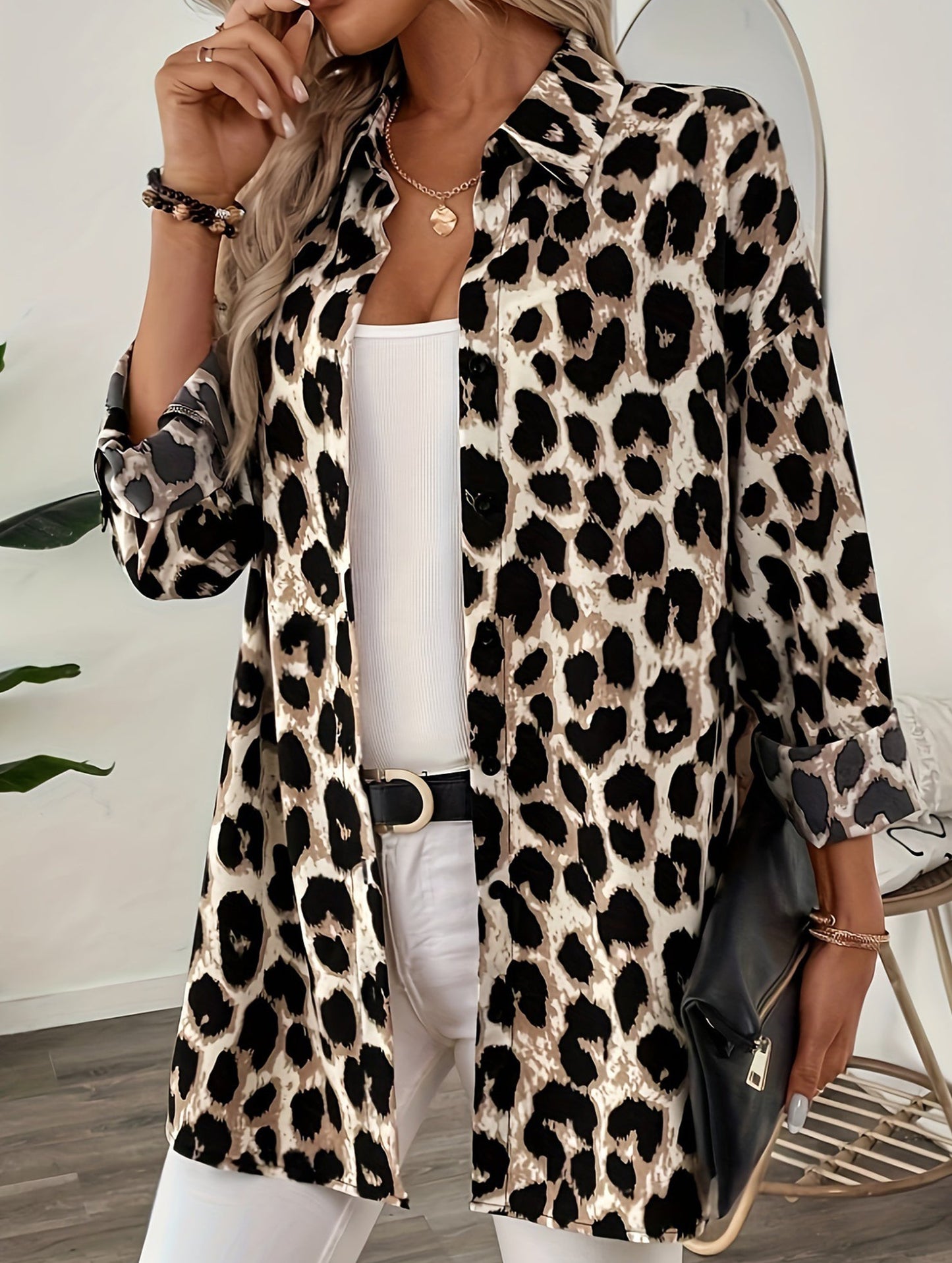 Casual leopard print long-sleeved shirt