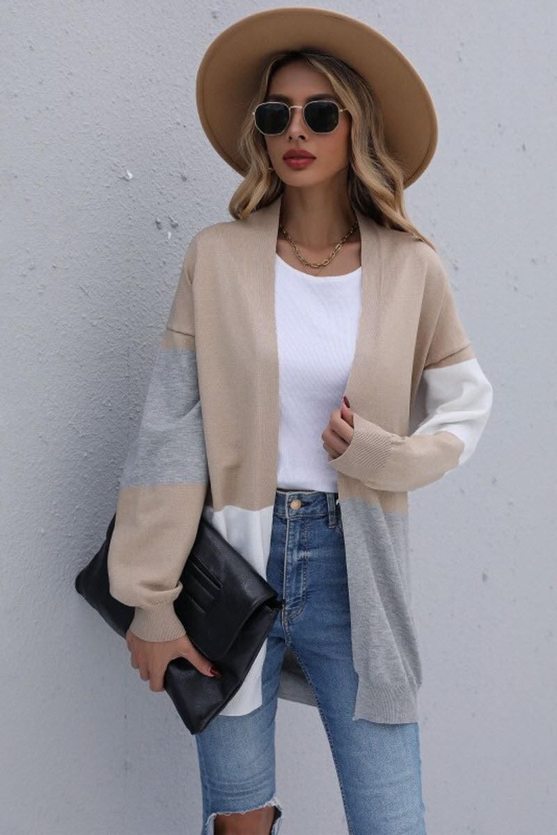 KNIT OPEN FRONT CASUAL COLOR BLOCK CARDIGAN - Doublju