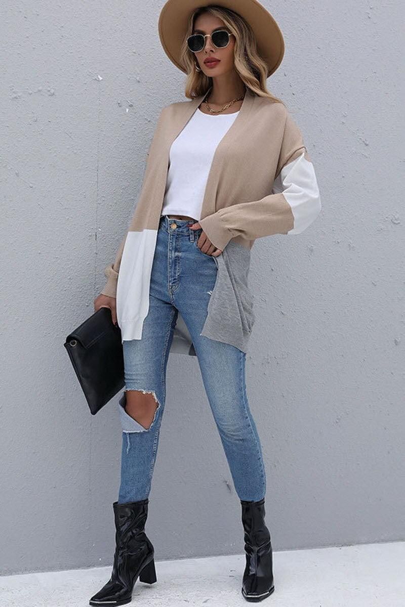 KNIT OPEN FRONT CASUAL COLOR BLOCK CARDIGAN - Doublju