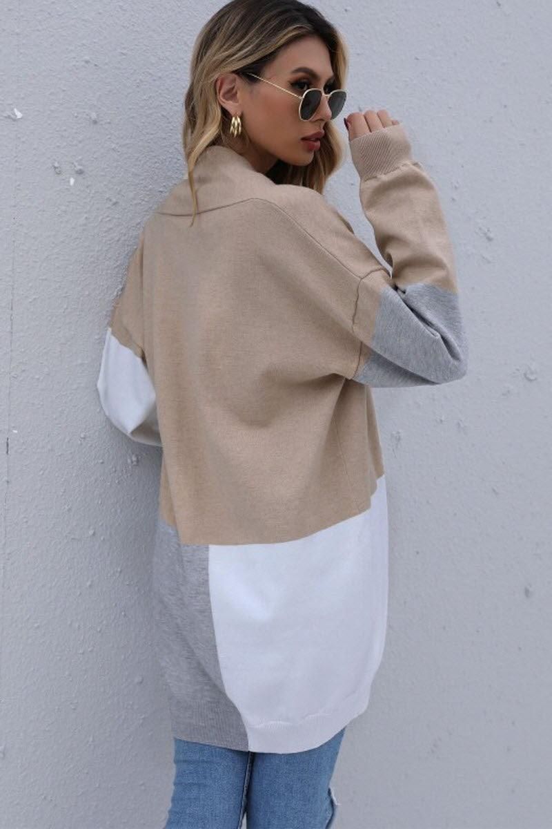 KNIT OPEN FRONT CASUAL COLOR BLOCK CARDIGAN - Doublju