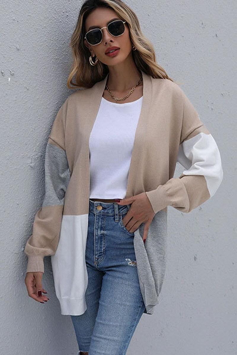 KNIT OPEN FRONT CASUAL COLOR BLOCK CARDIGAN - Doublju