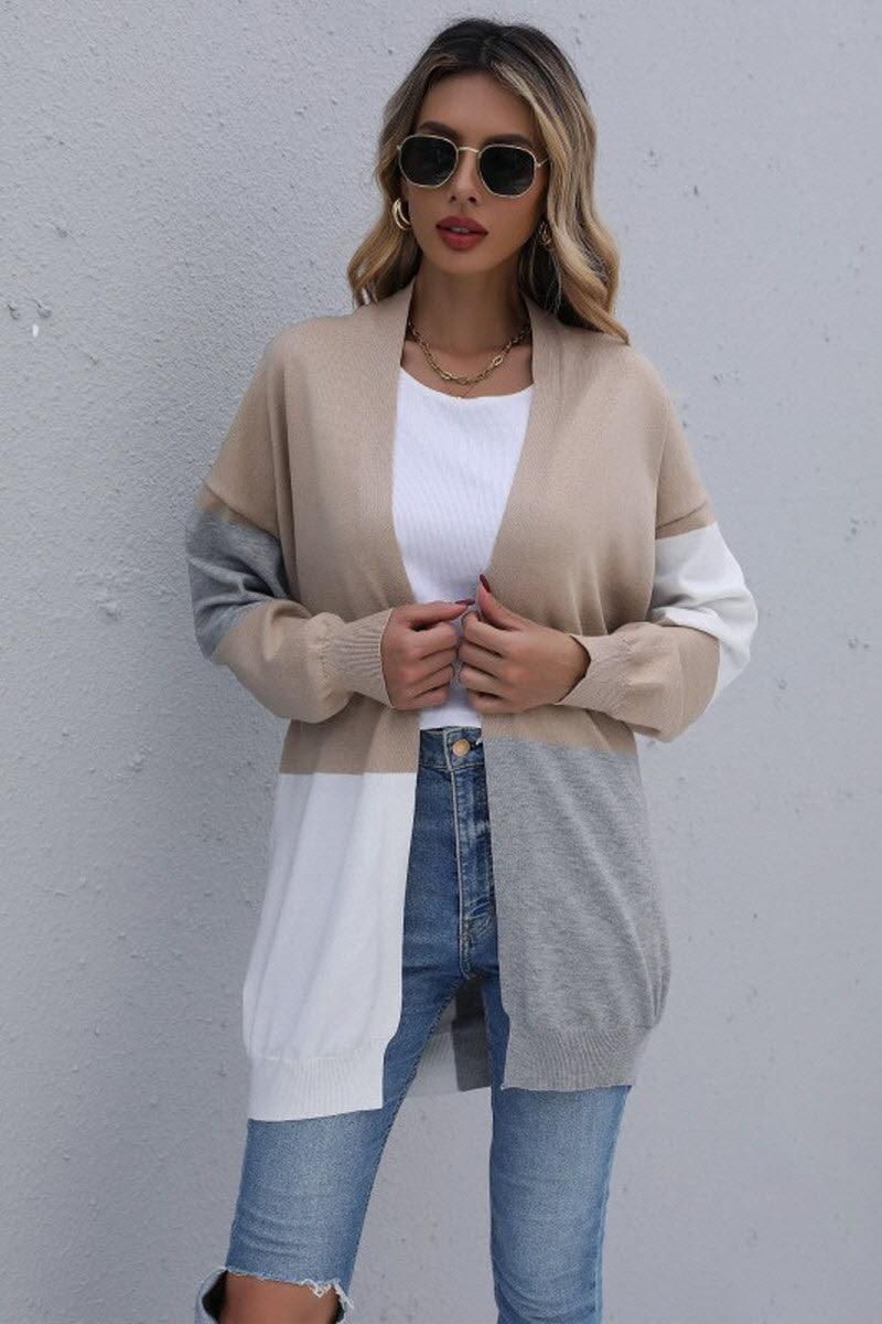 KNIT OPEN FRONT CASUAL COLOR BLOCK CARDIGAN - Doublju