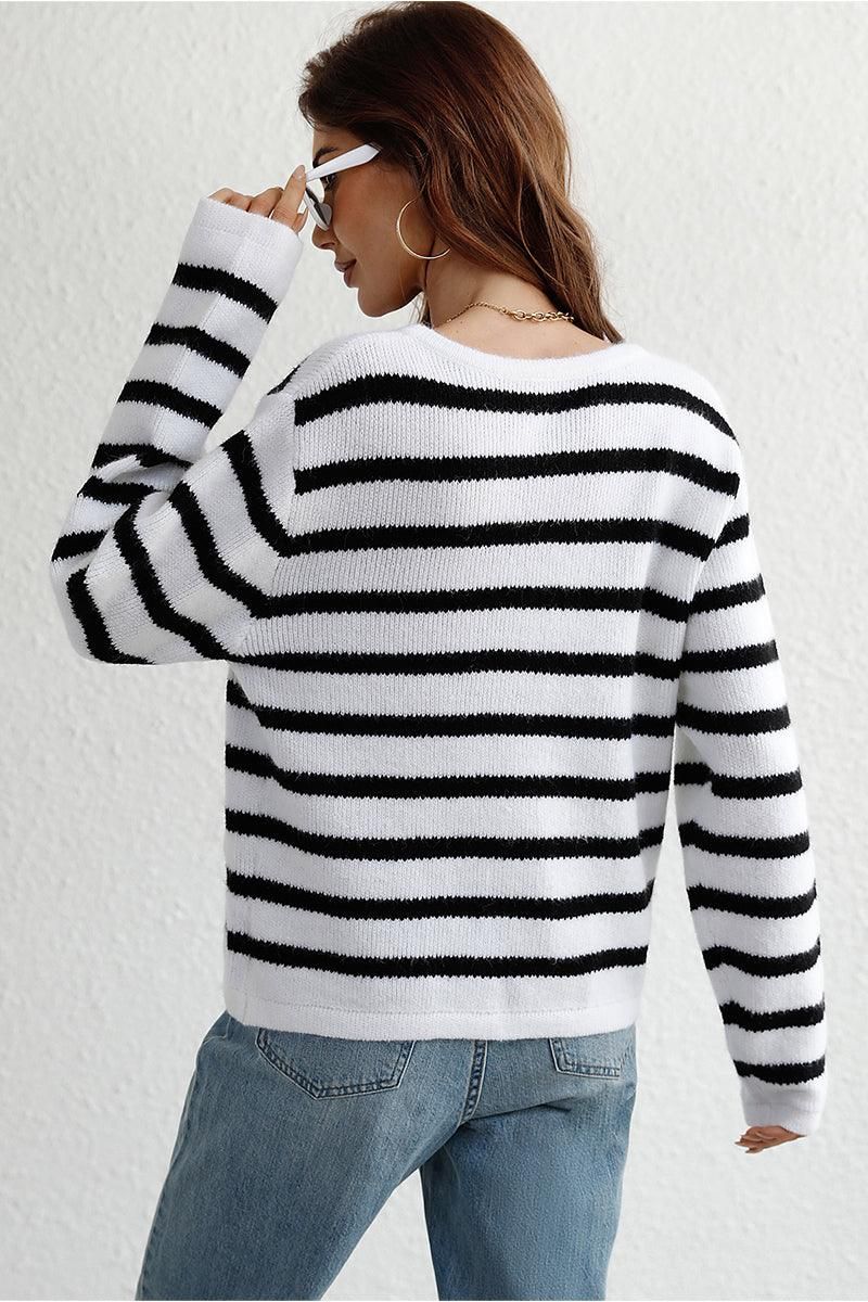 BUTTON DOWN COLOR STRIPE SHORT CARDIGAN - Doublju