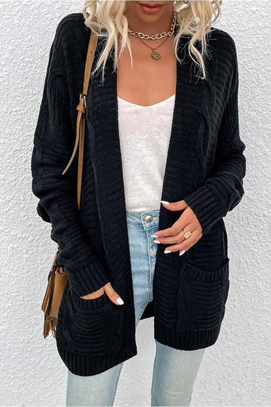 OPEN FRONT CABLE KNIT CARDIGAN WITH SIDE POCKETS - Doublju