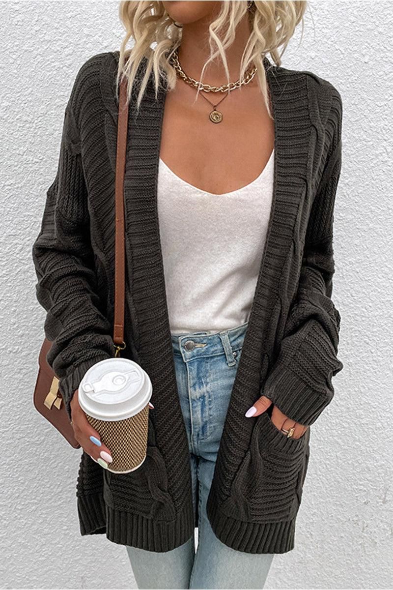 OPEN FRONT CABLE KNIT CARDIGAN WITH SIDE POCKETS - Doublju