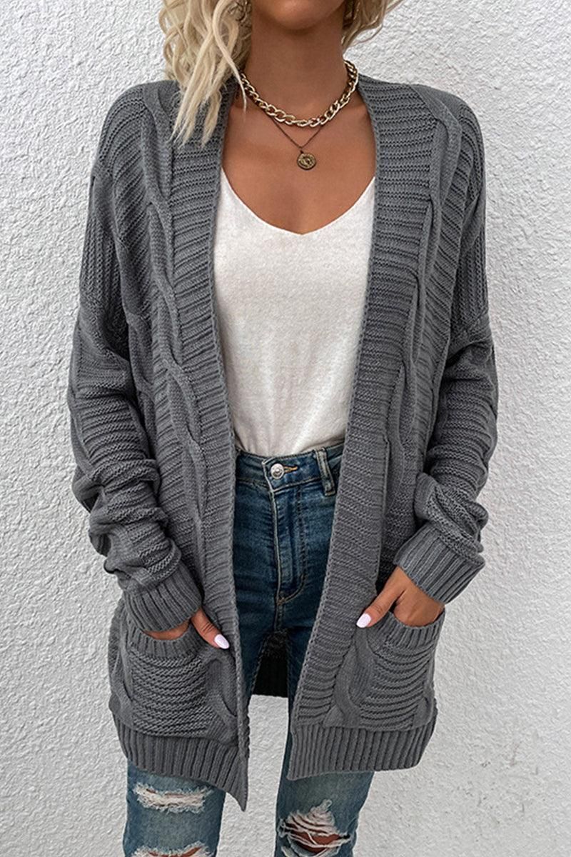 OPEN FRONT CABLE KNIT CARDIGAN WITH SIDE POCKETS - Doublju