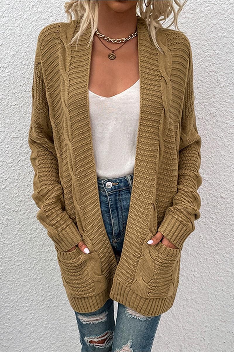 OPEN FRONT CABLE KNIT CARDIGAN WITH SIDE POCKETS - Doublju