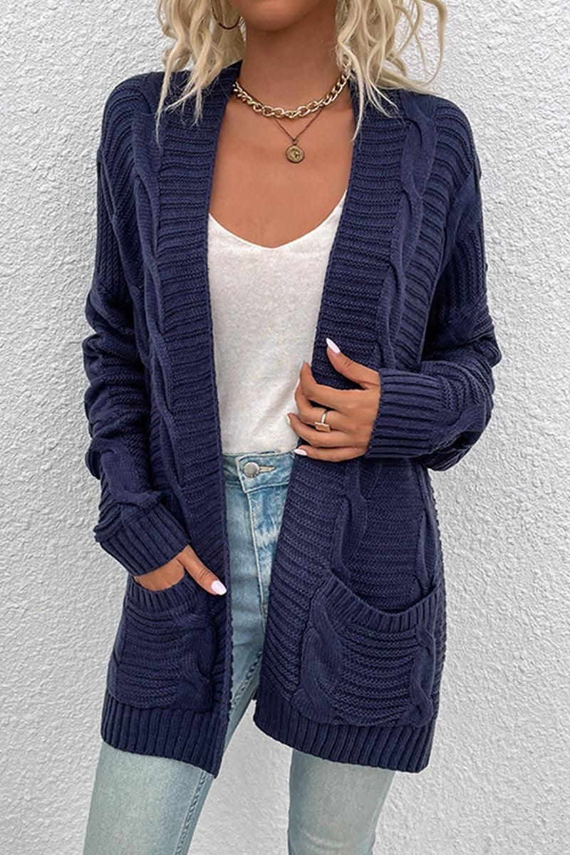 OPEN FRONT CABLE KNIT CARDIGAN WITH SIDE POCKETS - Doublju