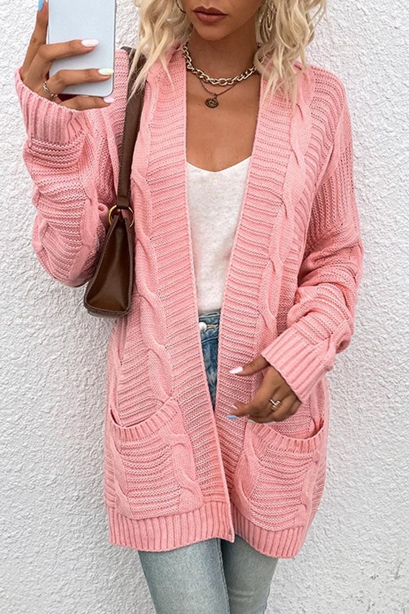 OPEN FRONT CABLE KNIT CARDIGAN WITH SIDE POCKETS - Doublju