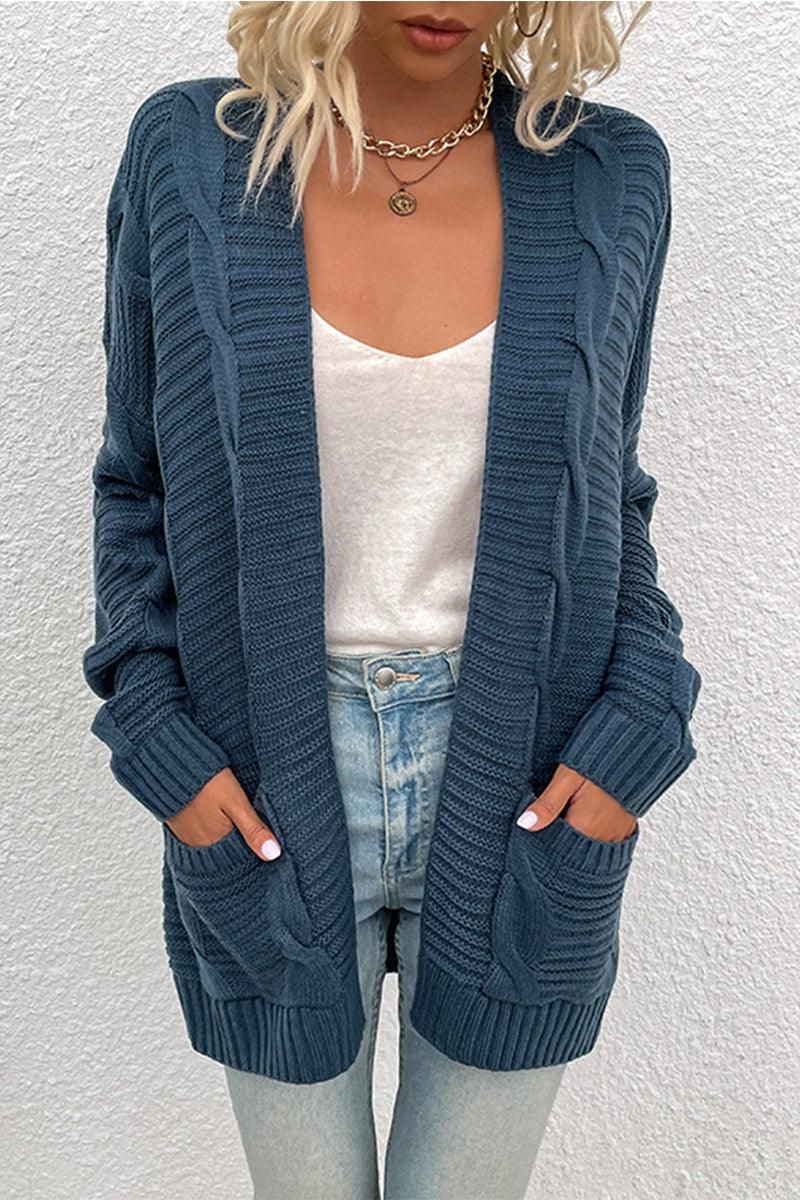 OPEN FRONT CABLE KNIT CARDIGAN WITH SIDE POCKETS - Doublju