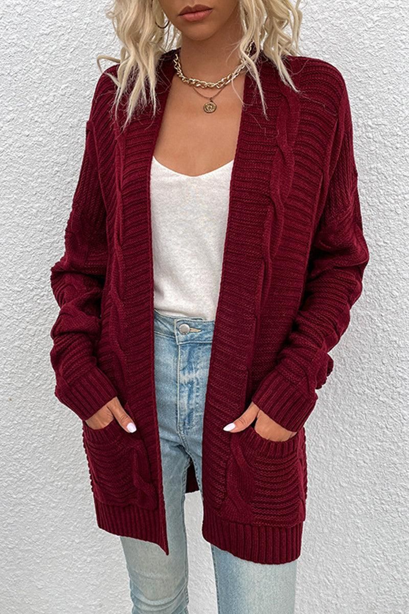 OPEN FRONT CABLE KNIT CARDIGAN WITH SIDE POCKETS - Doublju