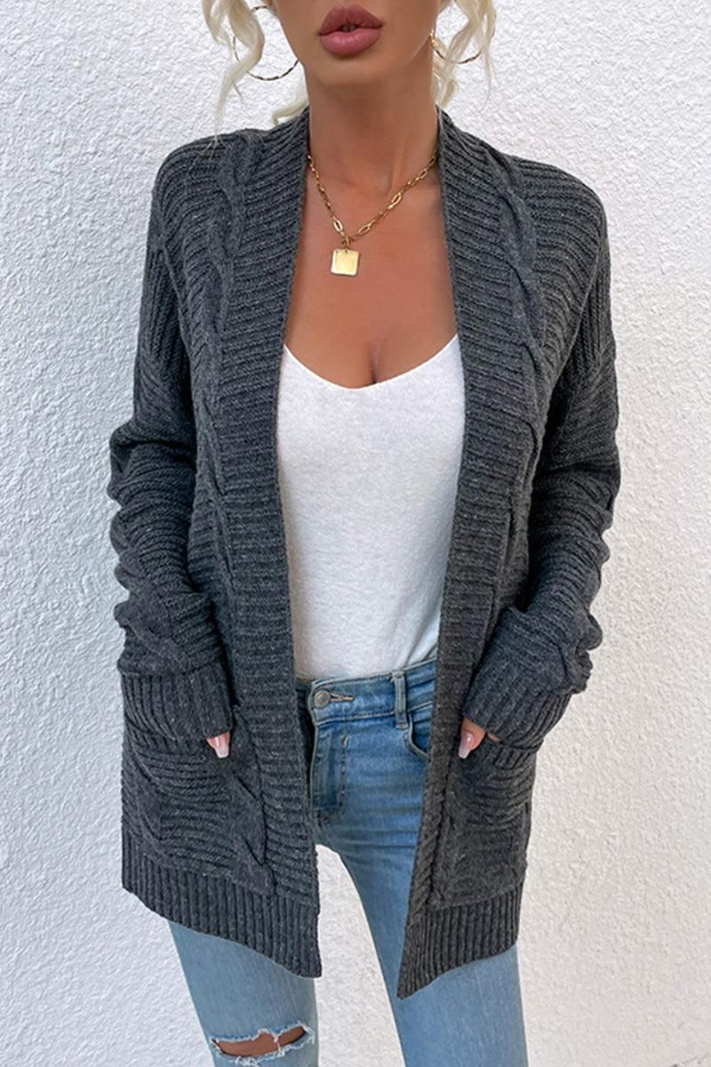 OPEN FRONT TWIST CABLE KNIT CASUAL CARDIGAN - Doublju