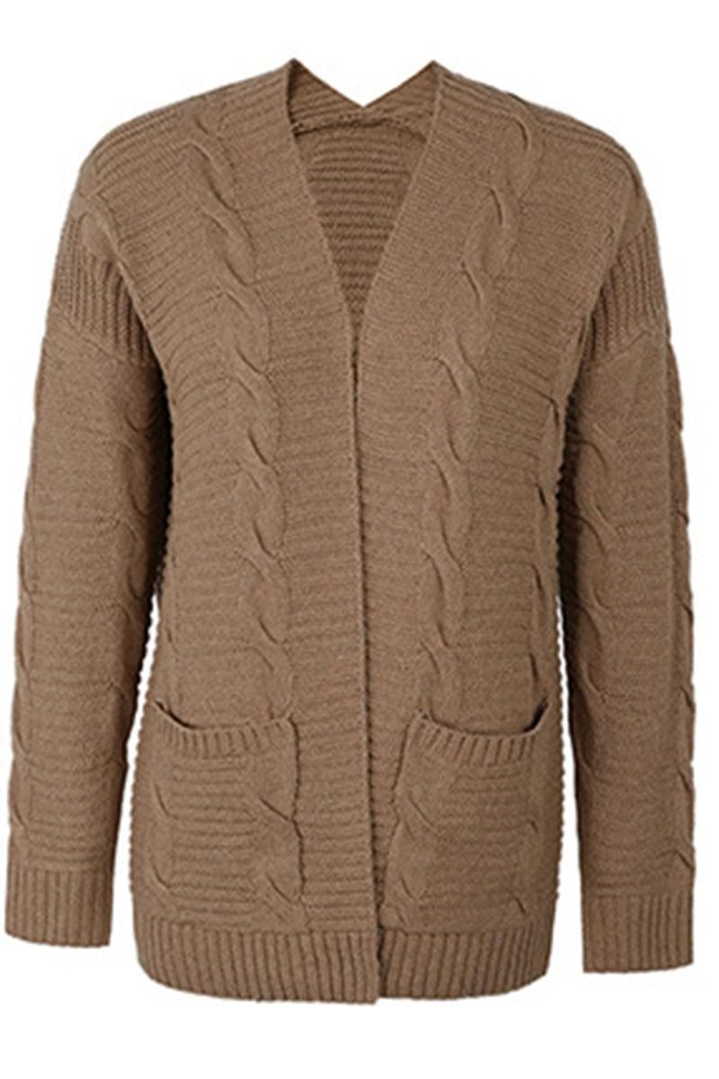 OPEN FRONT TWIST CABLE KNIT CASUAL CARDIGAN - Doublju