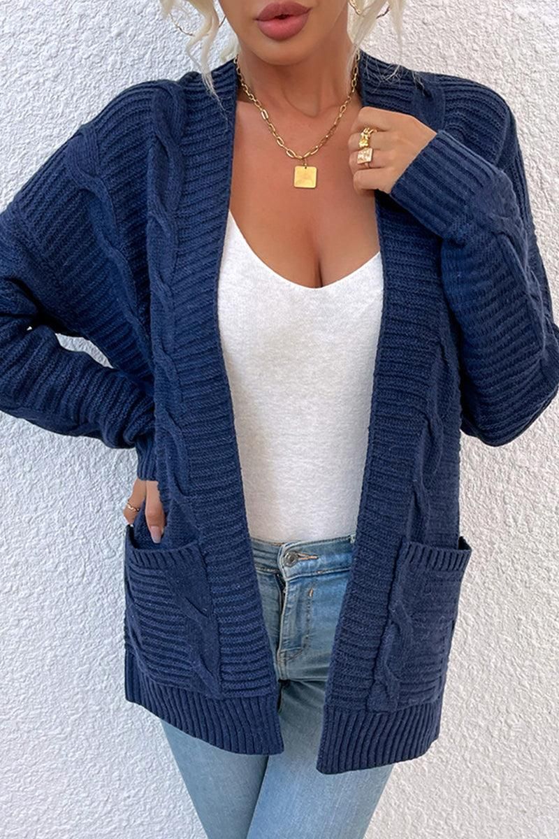 OPEN FRONT TWIST CABLE KNIT CASUAL CARDIGAN - Doublju