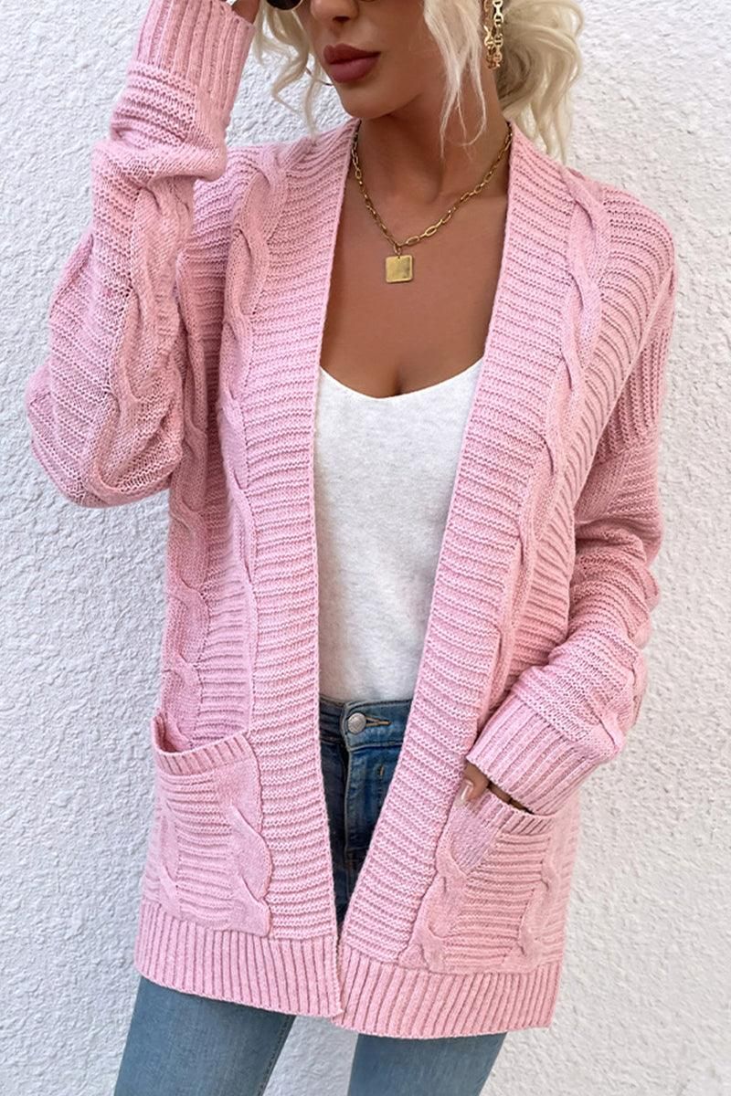 OPEN FRONT TWIST CABLE KNIT CASUAL CARDIGAN - Doublju