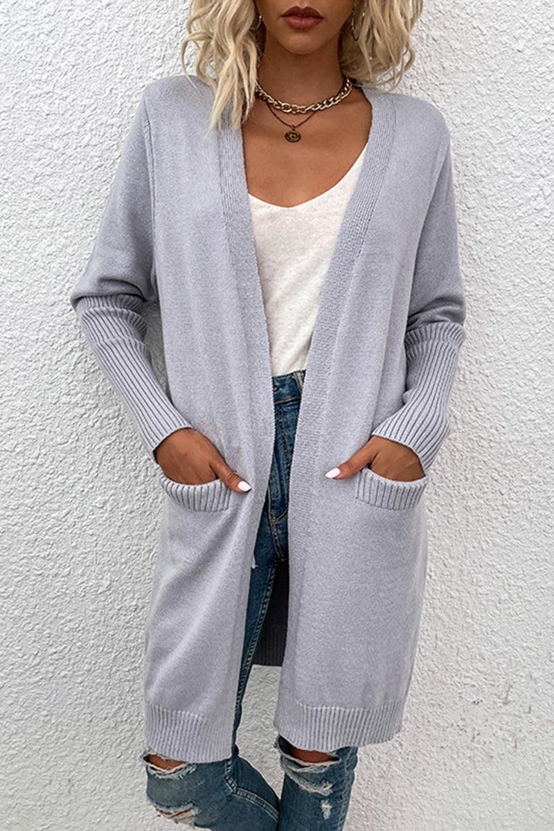 OPEN FRONT SIDE POCKETS BASIC CARDIGAN - Doublju