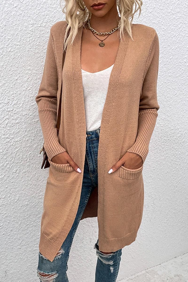 OPEN FRONT SIDE POCKETS BASIC CARDIGAN - Doublju