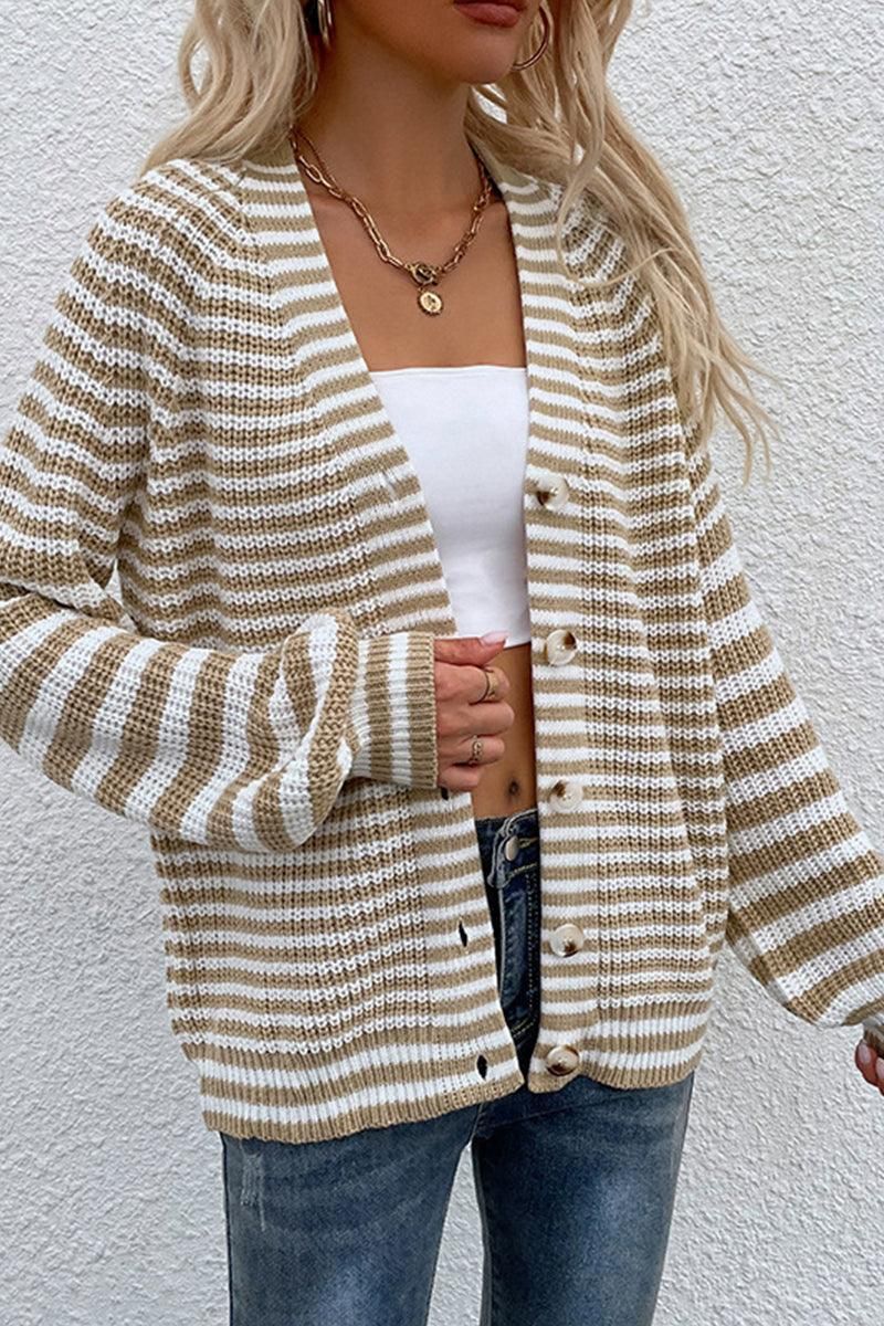 LOOSE FIT STRIPE PATTERN BUTTON DOWN CARDIGAN - Doublju