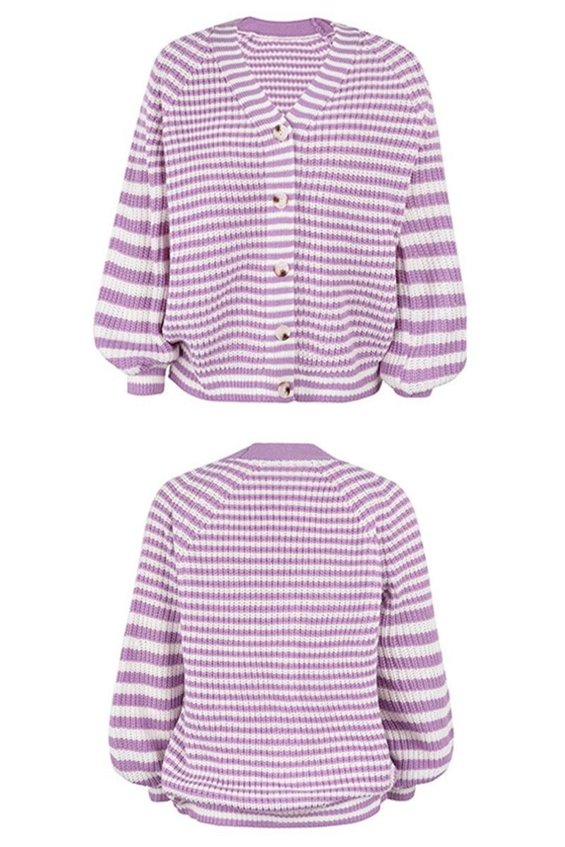 LOOSE FIT STRIPE PATTERN BUTTON DOWN CARDIGAN - Doublju