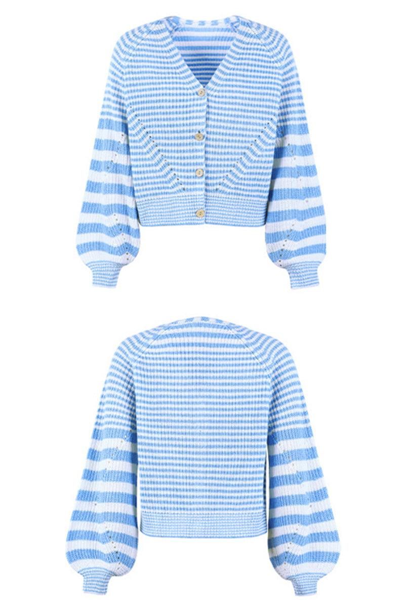 BUTTON DOWN STRIPE KNITTED SHORT CARDIGAN - Doublju