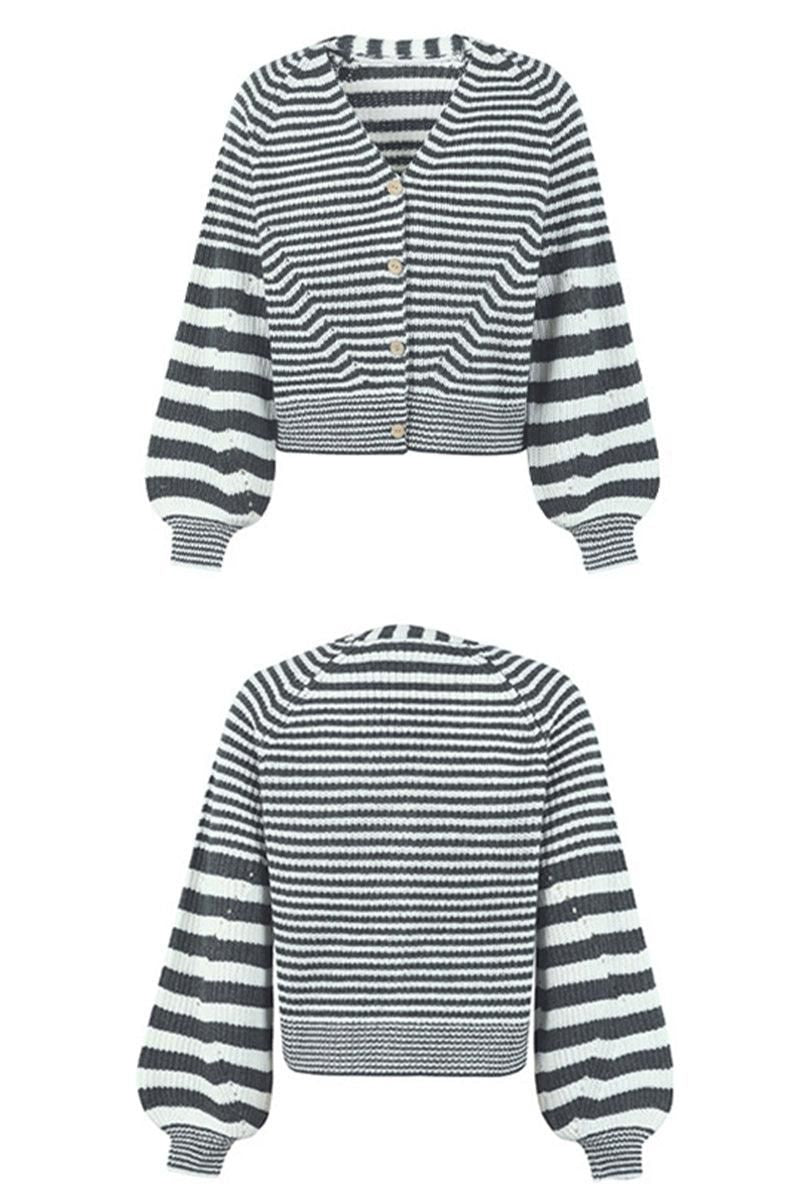 BUTTON DOWN STRIPE KNITTED SHORT CARDIGAN - Doublju