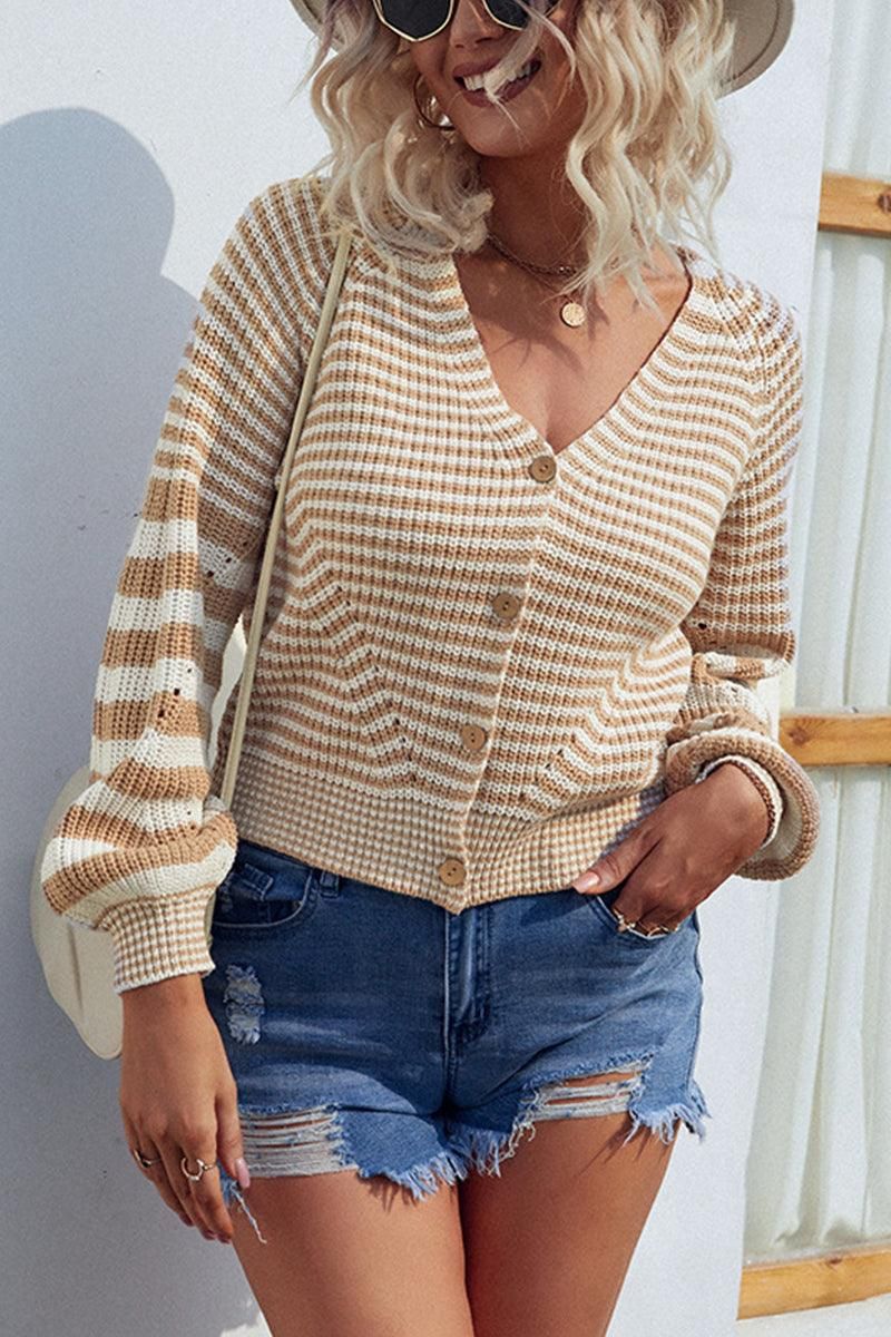 BUTTON DOWN STRIPE KNITTED SHORT CARDIGAN - Doublju