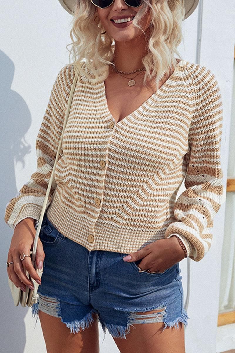 BUTTON DOWN STRIPE KNITTED SHORT CARDIGAN - Doublju