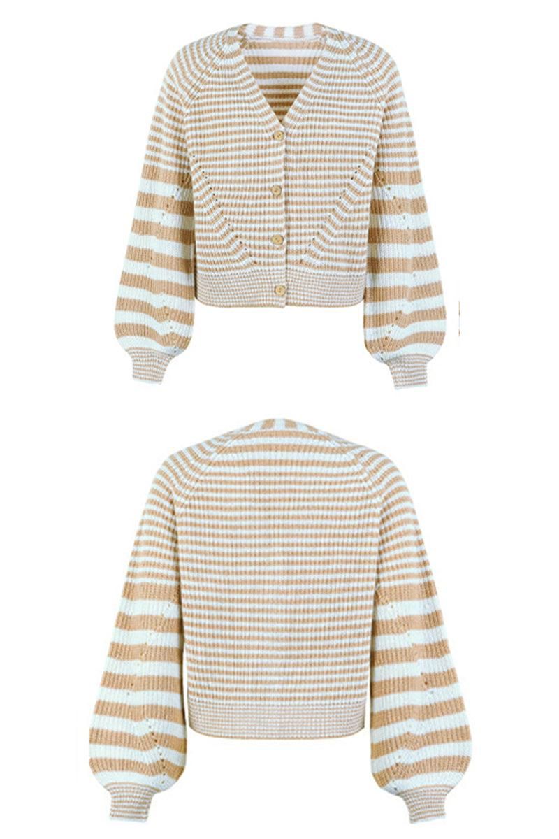 BUTTON DOWN STRIPE KNITTED SHORT CARDIGAN - Doublju