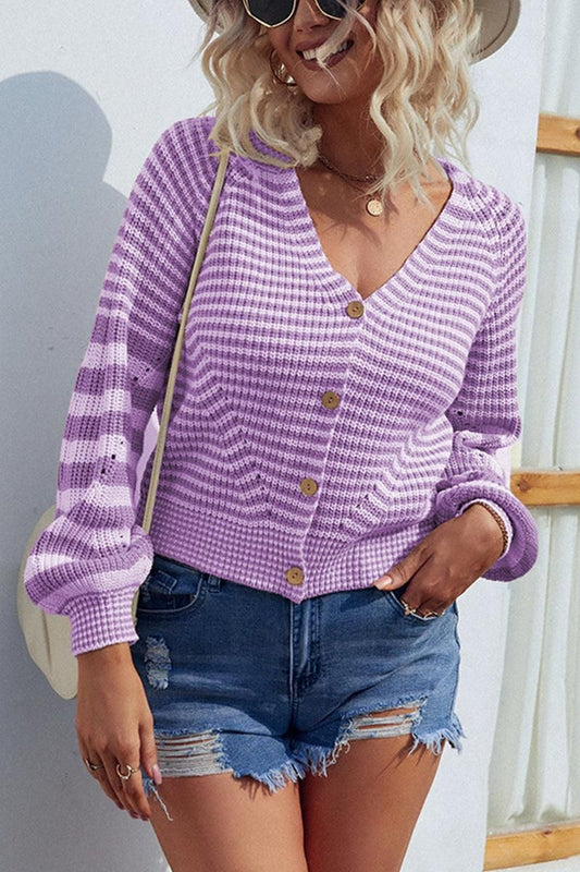 BUTTON DOWN STRIPE KNITTED SHORT CARDIGAN - Doublju