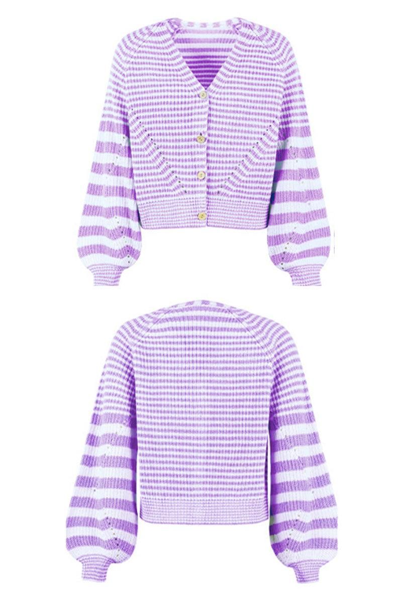 BUTTON DOWN STRIPE KNITTED SHORT CARDIGAN - Doublju