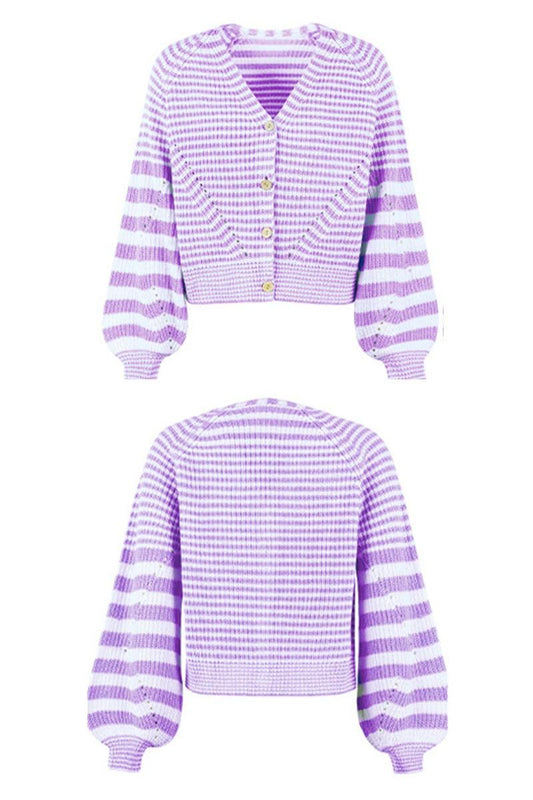 BUTTON DOWN STRIPE KNITTED SHORT CARDIGAN - Doublju