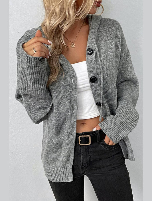 WOMENS KNITTED HODDY STYLE BUTTON DOWN CARDIGAN - Doublju