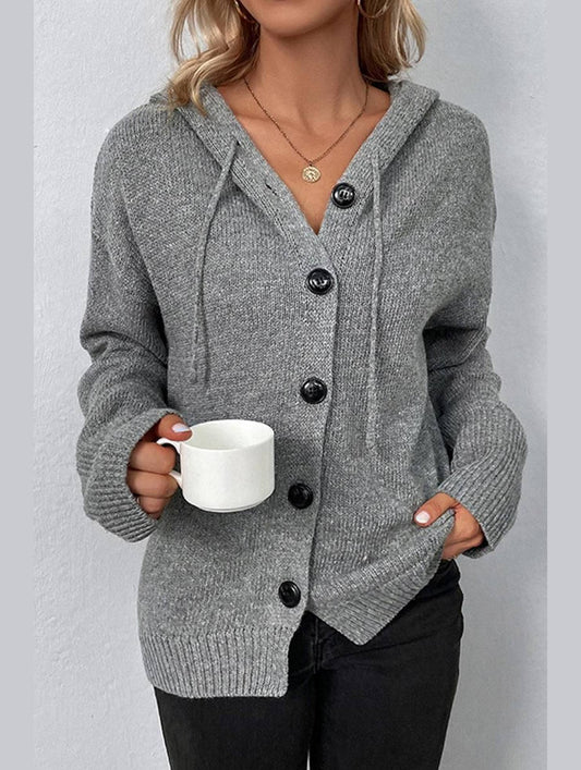 WOMENS KNITTED HODDY STYLE BUTTON DOWN CARDIGAN - Doublju