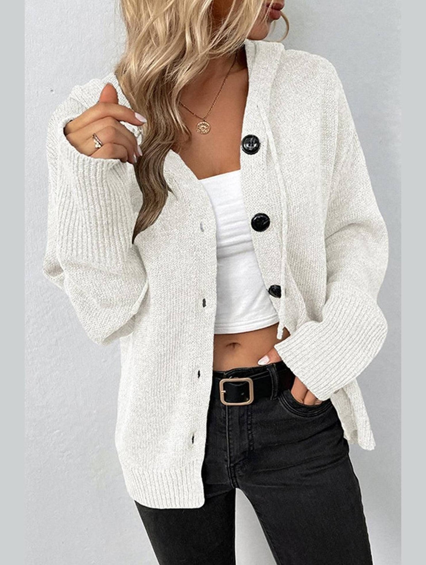 WOMENS KNITTED HODDY STYLE BUTTON DOWN CARDIGAN - Doublju