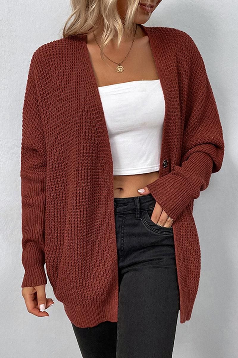 KNITTED ONE BUTTON CARDIGAN - Doublju