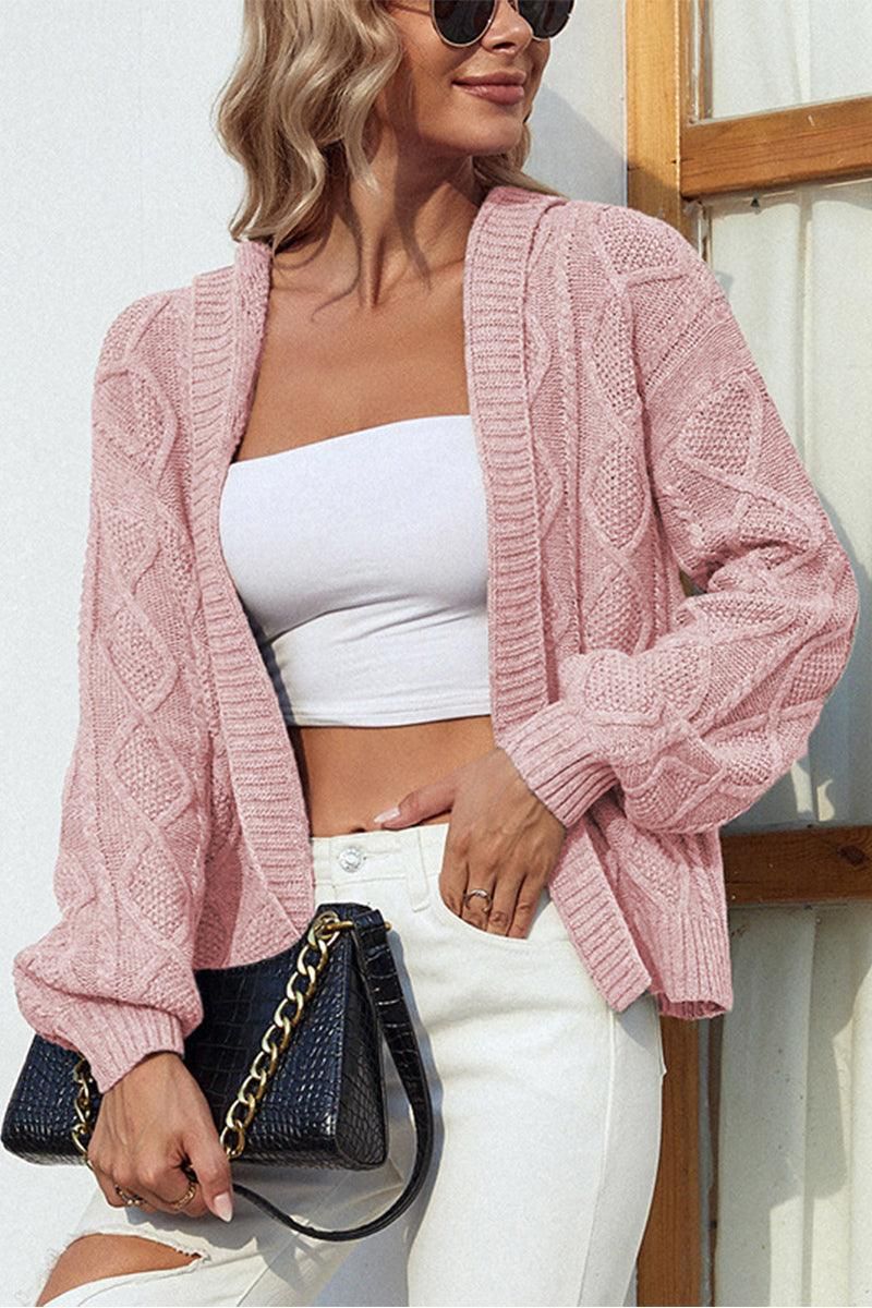 CABLE KNIT OPEN FRONT CARDIGAN - Doublju