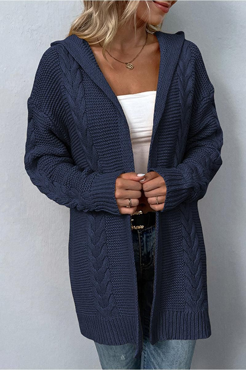WOMENS KNITTED OPEN FRONT HOODY CARDIGAN - Doublju