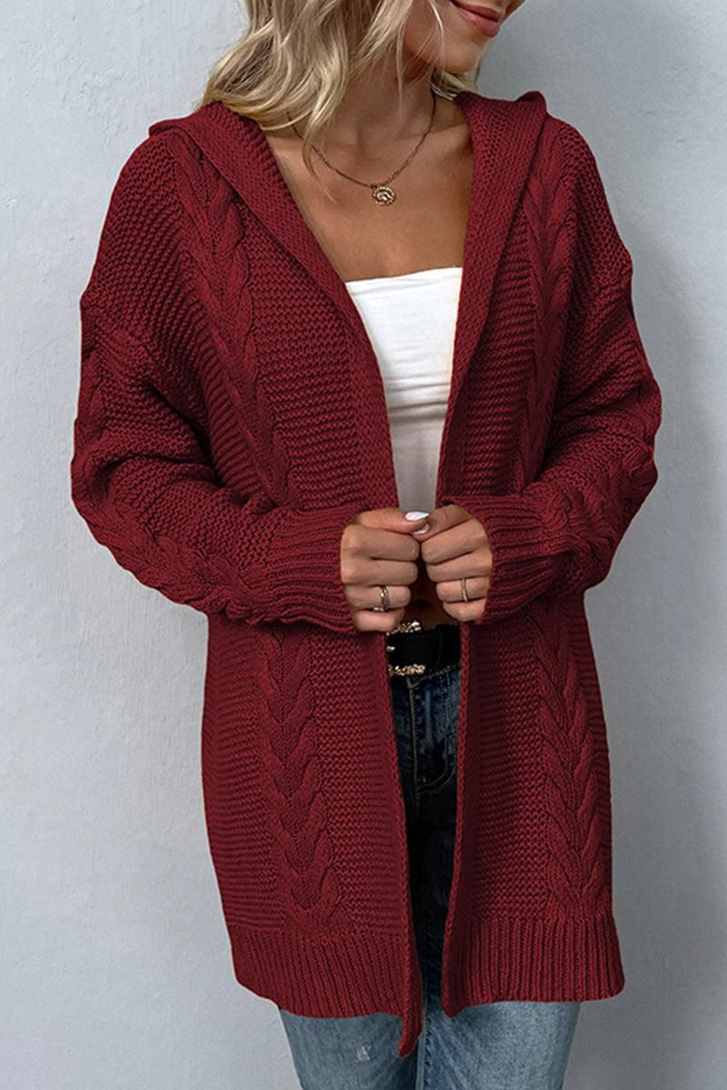 WOMENS KNITTED OPEN FRONT HOODY CARDIGAN - Doublju
