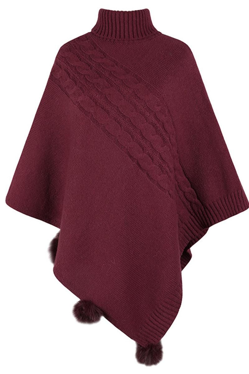 WOMENS POMPOM DETAILED TURTLE NECK SHAWL WRAP - Doublju