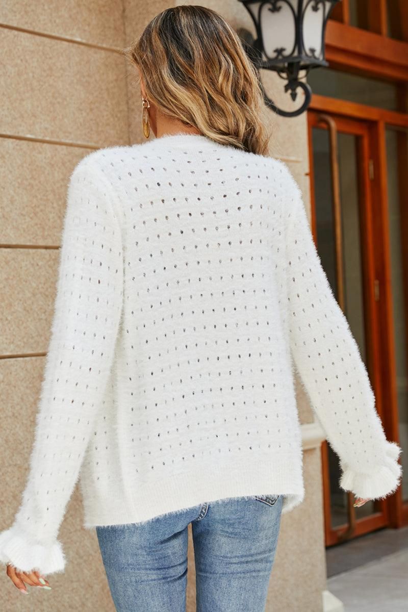 WOMENS LONGSLEEVE RUFFLED DETAIL CARDIGAN - Doublju