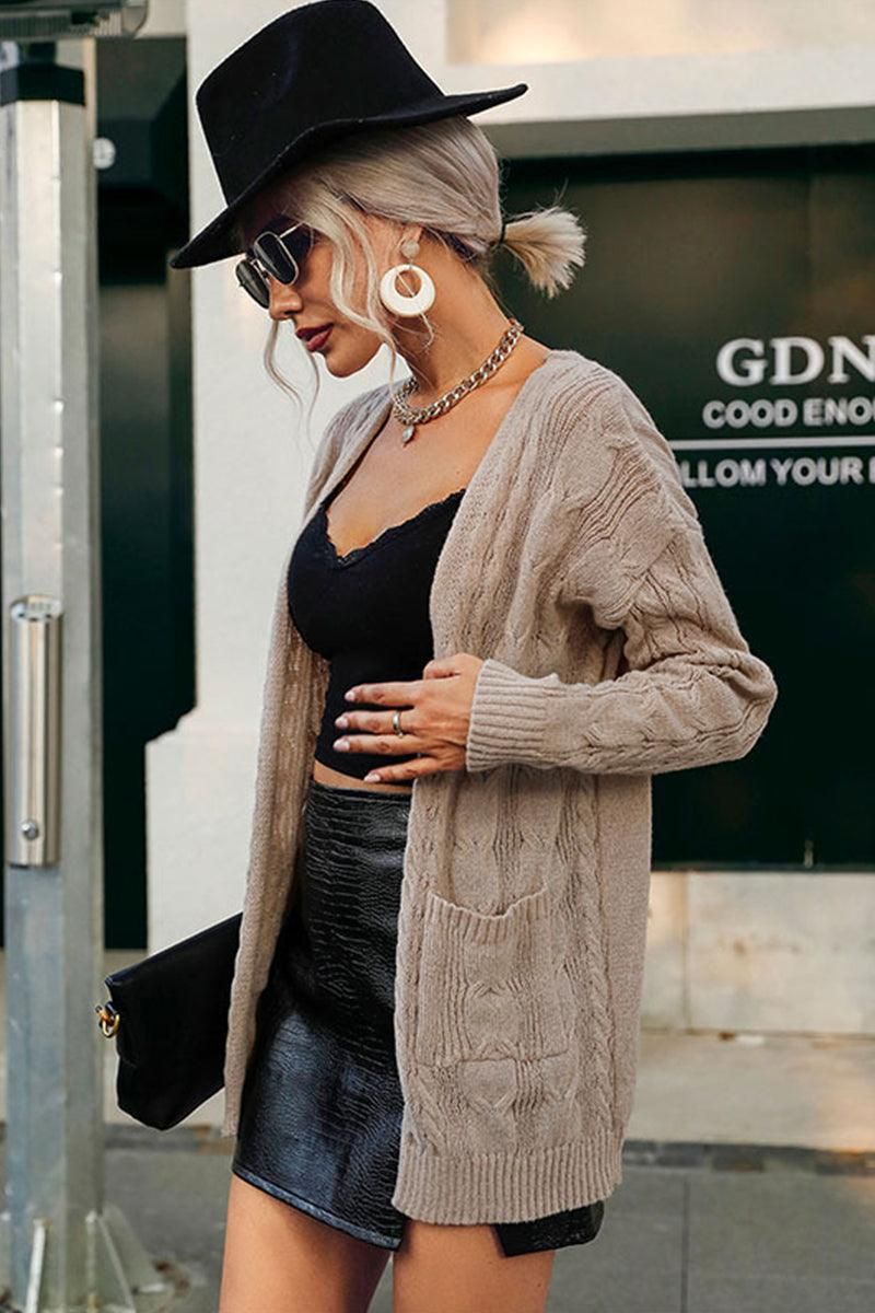 CABLE KNIT CASUAL CARDIGAN WITH POCKETS - Doublju