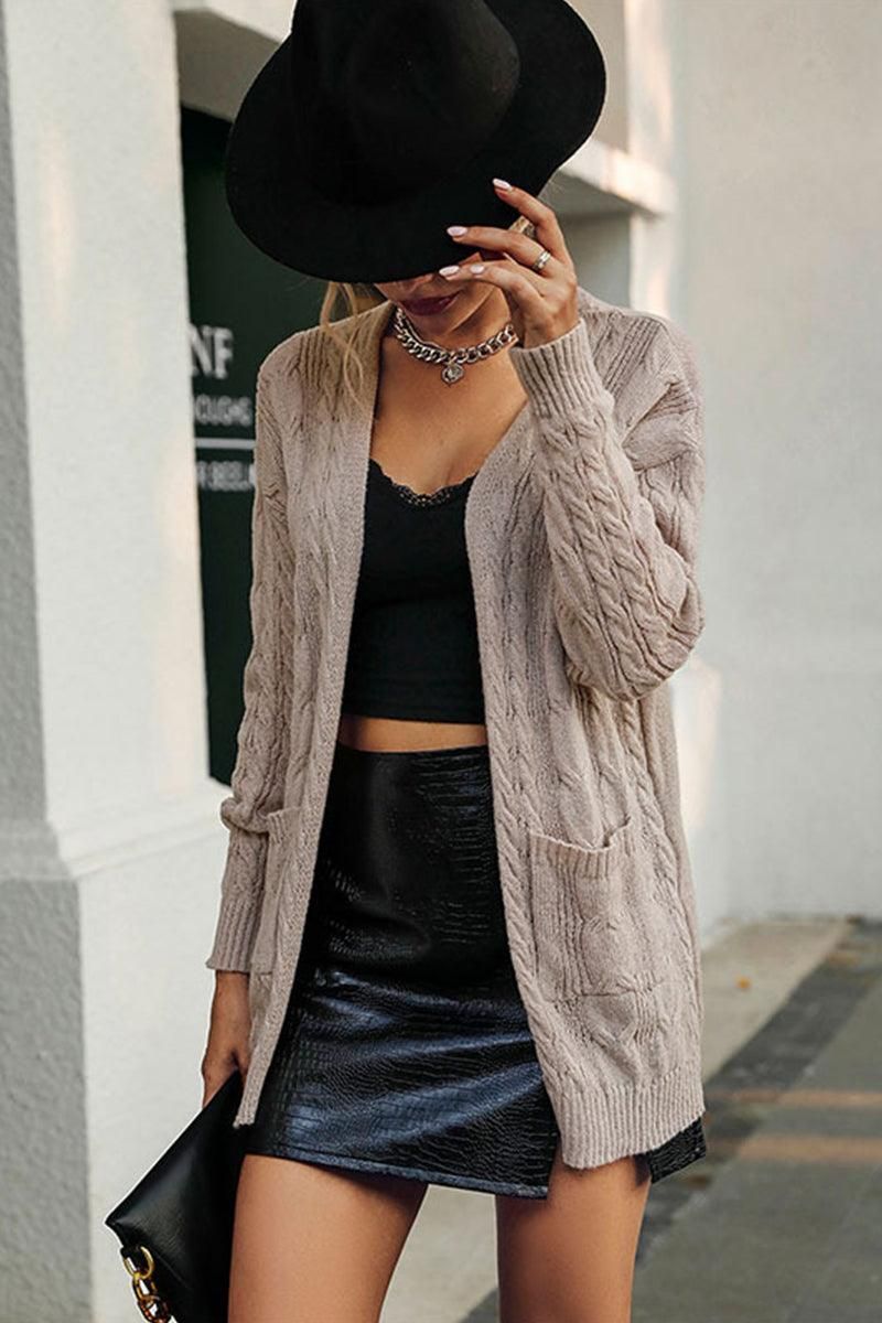 CABLE KNIT CASUAL CARDIGAN WITH POCKETS - Doublju