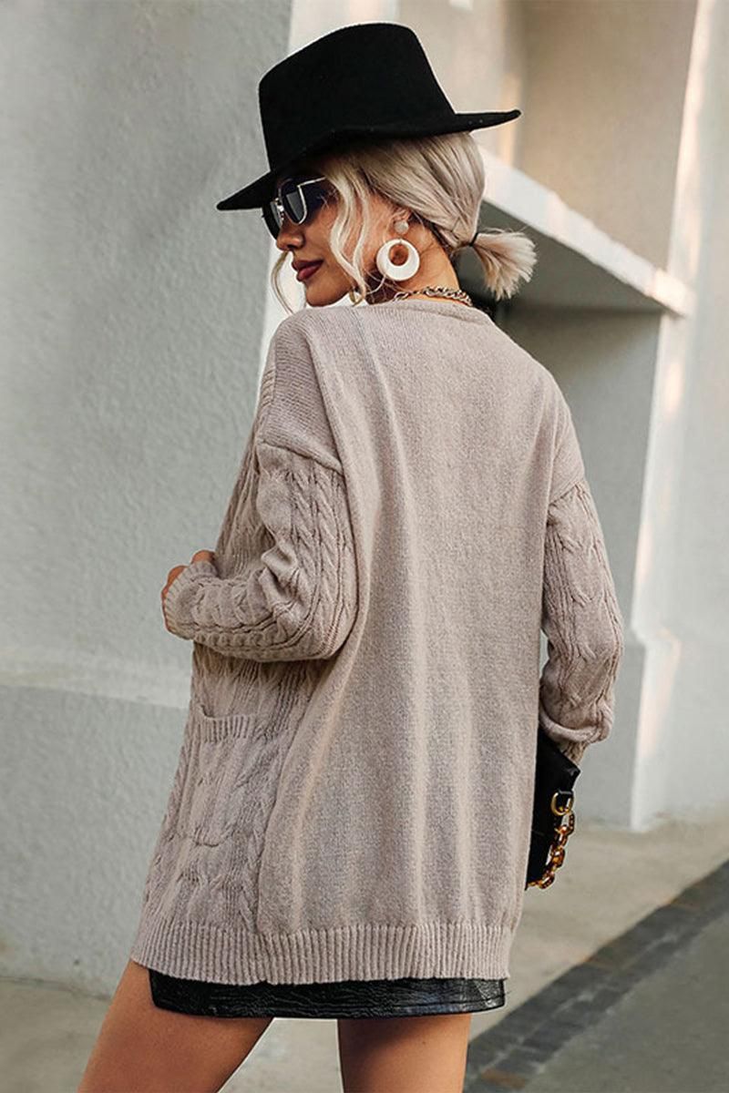 CABLE KNIT CASUAL CARDIGAN WITH POCKETS - Doublju