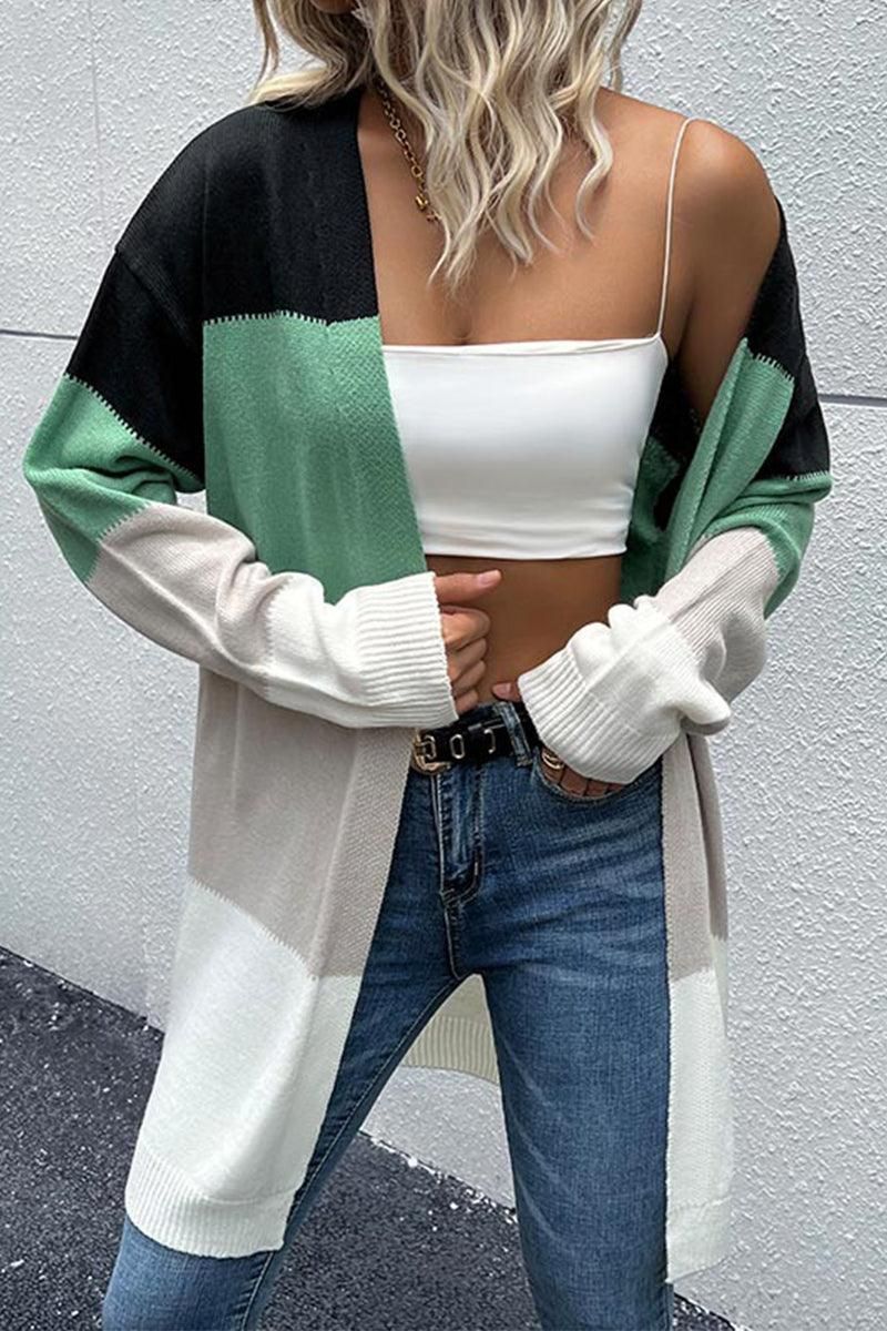 COLOR BLOCK OPEN FRONT CASUAL CARDIGAN - Doublju