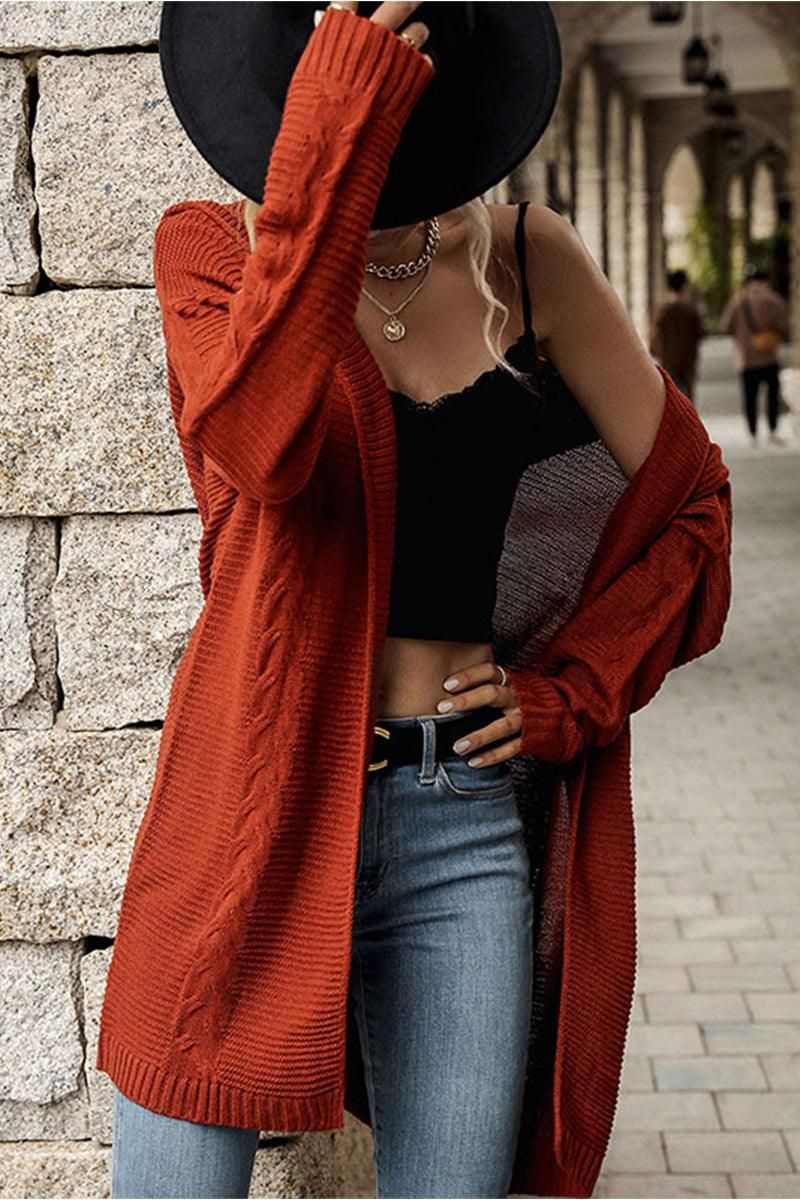 CABLE KNIT CASUAL HOODIE CARDIGAN - Doublju