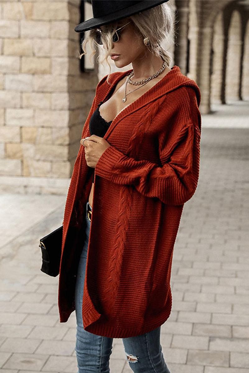 CABLE KNIT CASUAL HOODIE CARDIGAN - Doublju